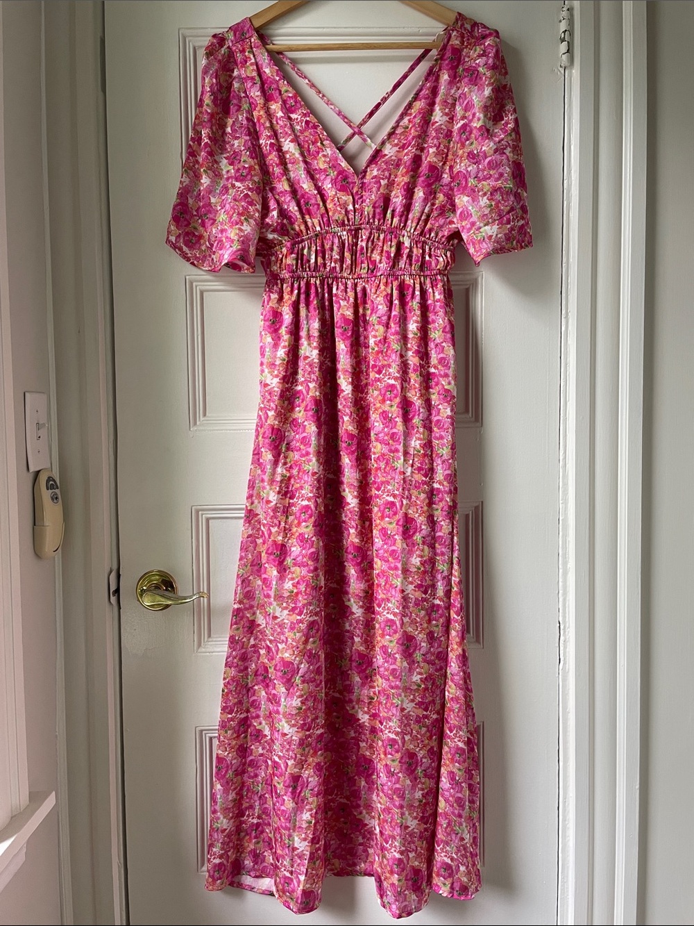 Pink Floral Maxi Dress with V-Neck and Crisscross Back